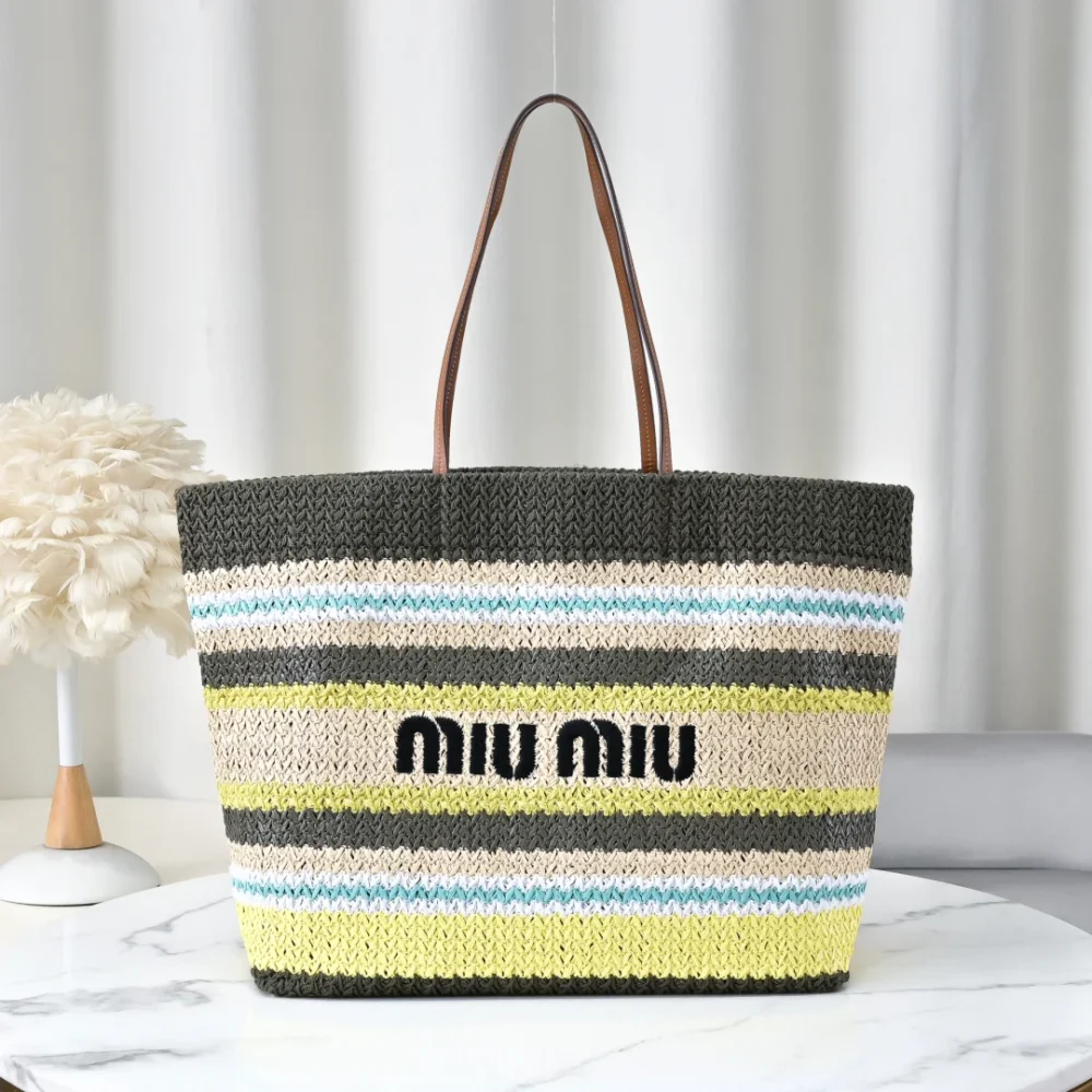 Miu Miu Raffia-Effect Woven Tote Bag